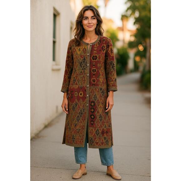 Soft Surroundings Long Cardigan Sweater Tapestry Jacket Art Wear Boho Heavy | M - Picture 1 of 13